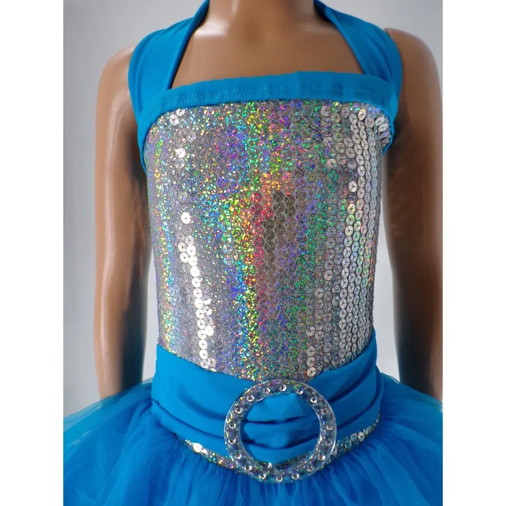 Pre-Owned Dance Costume Weissman 4427 Medium Child Turquoise Tutu Jazz Sequin